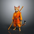 3D Cat Character In Orange Samurai Robe Holding Wooden Staff And Standing Pose