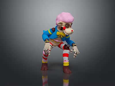 Cartoon Monkey Character Featuring Pink Hair Blue Coat Striped Pants In Squatting Pose 3d model