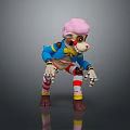 Cartoon Monkey Character Featuring Pink Hair Blue Coat Striped Pants In Squatting Pose