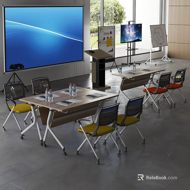 Modern Meeting Room Setup With Large Screen Podium Tables Chairs And Water Bottles 3d model 
