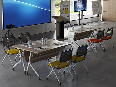 Modern Meeting Room Setup With Large Screen Podium Tables Chairs And Water Bottles 3d model