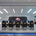 Modern Cyber Cafe With Open Layout Staircase Game Posters Computers White Chairs And Dark Decor