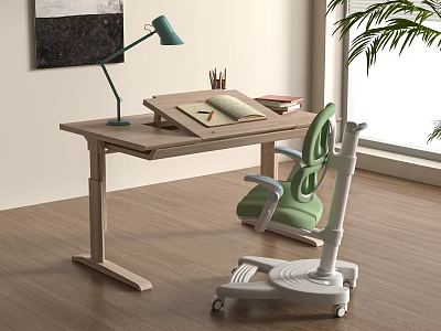 Adjustable Wooden Kids Desk with Green Chair Green Study Lamp and Learning Supplies 3d model