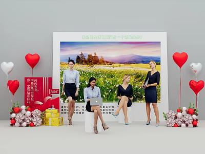 Popular Photo Check in Spot With Large Screen Scenic Landscape Women Balloons Flower Bouquets Gift Boxes 3d model