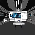 Modern Hi-Tech Exhibition Hall With White Black Linear Design Multiple Screens And Display Tables