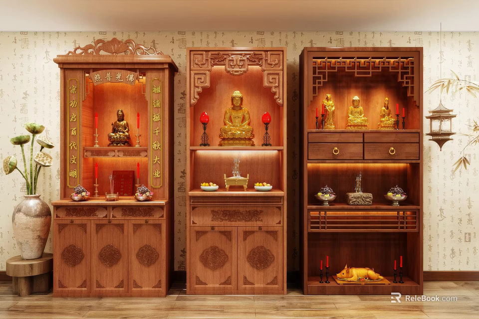 Traditional Wooden Buddhist Shrine Cabinets With Carved Patterns And Buddha Statues 3d model 