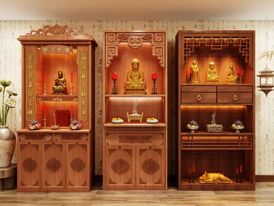 Traditional Wooden Buddhist Shrine Cabinets With Carved Patterns And Buddha Statues 3d model