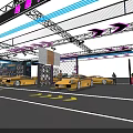 Modern Luxury Car Exhibition Hall Featuring Yellow Sports Cars Purple Blue Lighting And Visitors