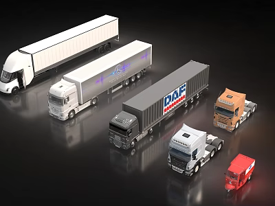 Various Types Of Functional Commercial Trucks In Multiple Colors With DAF Brand For Cargo Transport 3d model