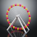 Colorful Ferris Wheel Model With White Frame Pink Yellow Cabins And Black Background Reflection