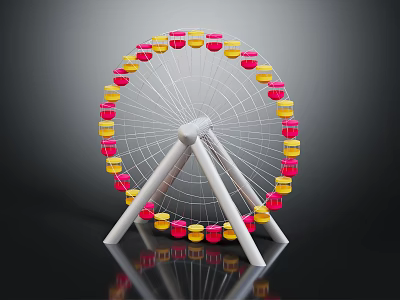 Colorful Ferris Wheel Model With White Frame Pink Yellow Cabins And Black Background Reflection 3d model