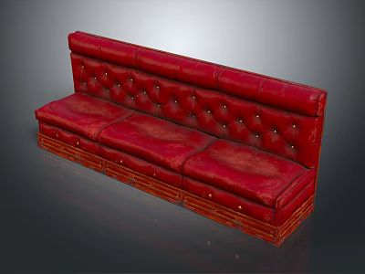 Red Leather Three Seater Sofa With Button Tufted Design And Wooden Base 3d model