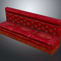 Red Leather Three Seater Sofa With Button Tufted Design And Wooden Base