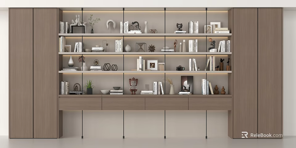 Elegant Modern Bookcase Interior Design With Books Decorations Small Plants And Photo Frames 3d model 