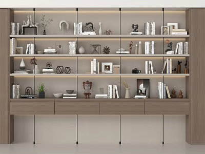 Elegant Modern Bookcase Interior Design With Books Decorations Small Plants And Photo Frames 3d model