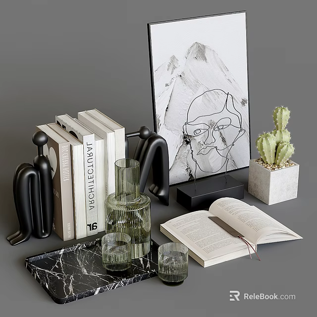 Modern Decorative Ornament Set with Books Black Statues Glass Vase Open Book Cactus and Framed Artwork 3d model 