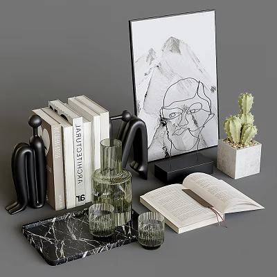Modern Decorative Ornament Set with Books Black Statues Glass Vase Open Book Cactus and Framed Artwork 3d model