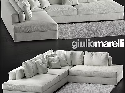 White Modern Sectional Double Sofa With Plush Cushions And Soft Area Rug 3d model