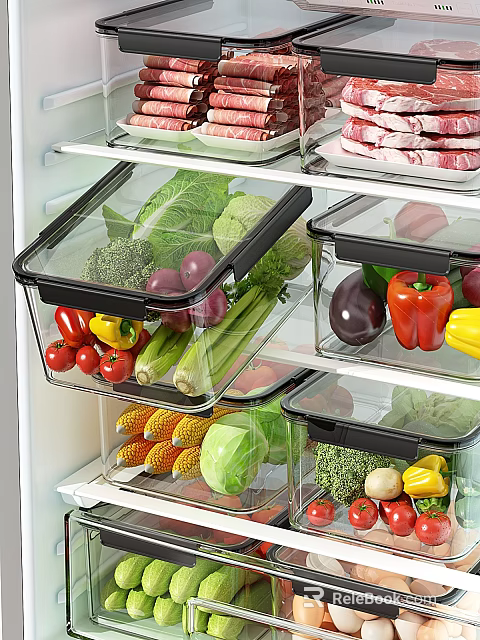 Various Fresh Vegetables Neatly Stored in Clear Airtight Containers Inside Refrigerator Drawers 3d model 