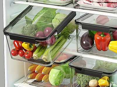 Various Fresh Vegetables Neatly Stored in Clear Airtight Containers Inside Refrigerator Drawers 3d model