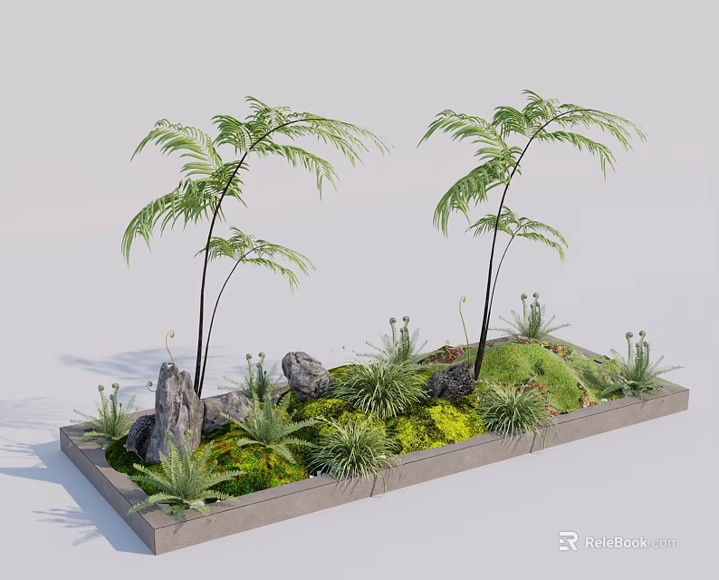 Tranquil Garden Landscape In Square Concrete Planter With Tall Ferns Rocks Moss And Small Plants 3d model 
