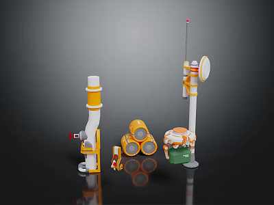 Industrial Piping Equipment With Yellow Pipes White Components And Orange Reels 3d model