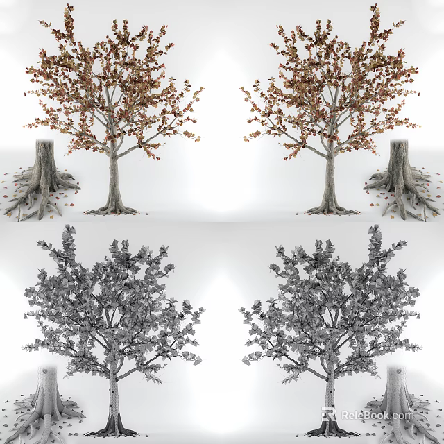 Trees with Red and Green Foliage and Exposed Roots Near Stumps 3d model 