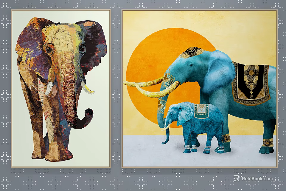 Colorful and Blue Elephant Paintings with Mother Baby Elephant and Orange Sun 3d model 