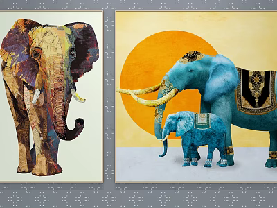 Colorful and Blue Elephant Paintings with Mother Baby Elephant and Orange Sun 3d model