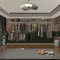 Walk in Closet with Hanging Clothes Folded Items on Shelves Green Wall and Wooden Floor