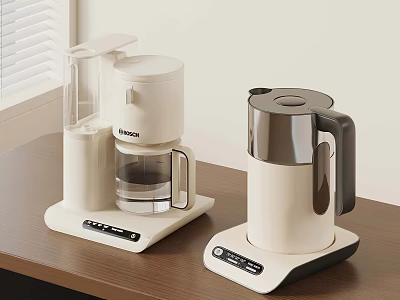 Beige Coffee Maker and Electric Kettle with Modern Sleek Design on Wooden Table 3d model
