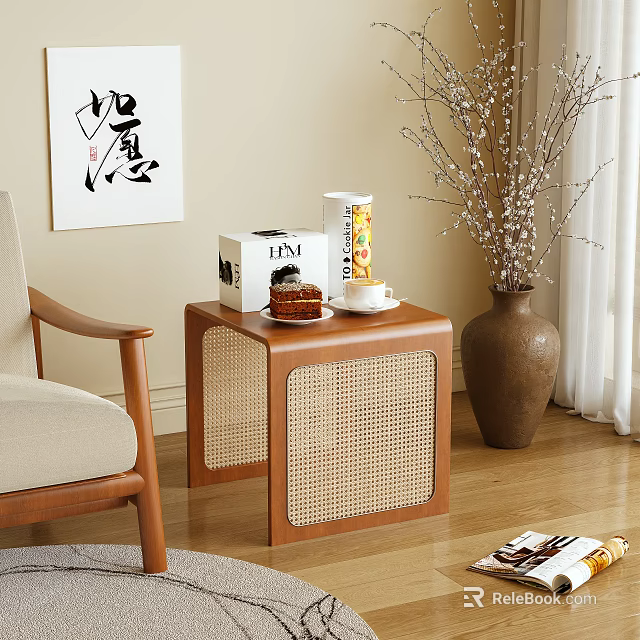 Wooden Rattan Side Table With Cake Box Cup And Calligraphy Art 3d model 