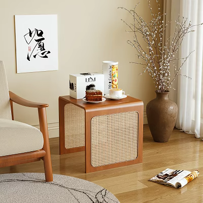 Wooden Rattan Side Table With Cake Box Cup And Calligraphy Art 3d model