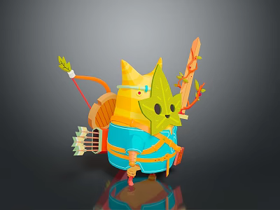 Yellow Cat Character With Green Leaf Hat Bow Arrow Quiver And Branch 3d model