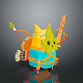 Yellow Cat Character With Green Leaf Hat Bow Arrow Quiver And Branch