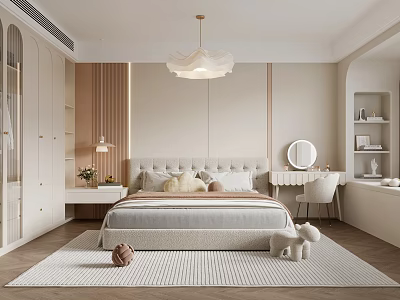 Cozy Modern Bedroom Interior With Upholstered Bed Soft Pillows Rug Chandelier And Dressing Table 3d model