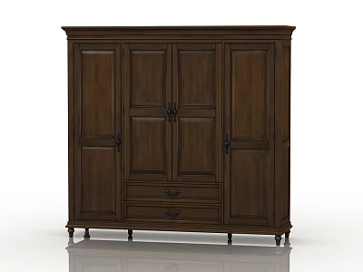 Dark Brown Wooden Wardrobe With Classic Design Four Doors Drawers And Carved Legs 3d model