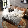 Double Bed with Brown Leather Headboard White Pillows Gray Blanket and Wall Art in Bedroom
