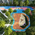 Colorful Children's Play Area With Sandpit Slides Lush Trees And High Rise Buildings