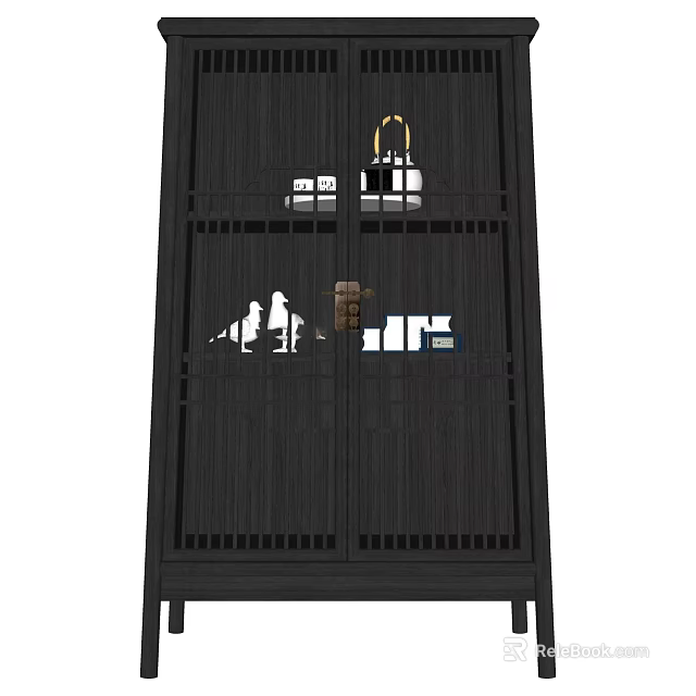 Black Traditional Chinese Display Shelf With Multiple Compartments And Decorative Ornaments 3d model 
