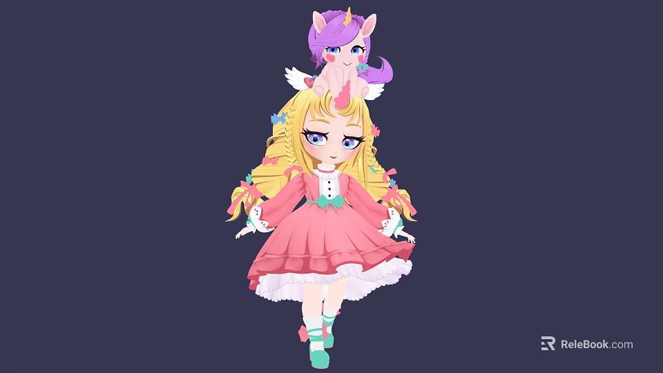 Cartoon Girl With Long Blonde Hair In Pink Dress And Unicorn Plush On Head 3d model 