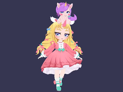 Cartoon Girl With Long Blonde Hair In Pink Dress And Unicorn Plush On Head 3d model