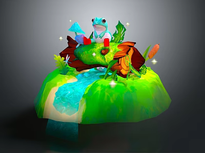 Cartoon Frog Sitting On Green Grassy Hill With Small Stream Glowing Lights And Colorful Mushrooms 3d model