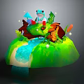 Cartoon Frog Sitting On Green Grassy Hill With Small Stream Glowing Lights And Colorful Mushrooms