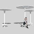 Modern White Outdoor Pergola With Circular Roof Small Tables And Benches
