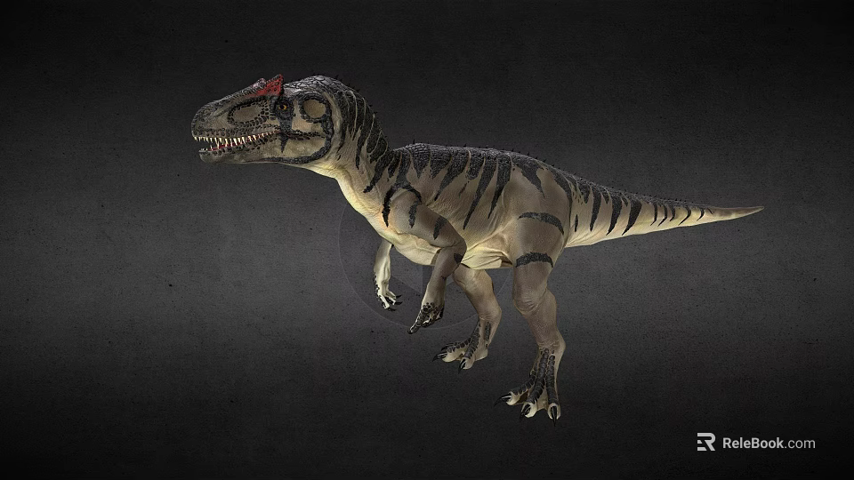 Realistic Striped Dinosaur 3D Model With Red Head And Sharp Teeth 3d model 