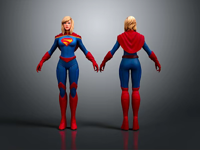 Superhero Character Front And Back Views With Blue Bodysuit Red Cape Gloves And Boots 3d model