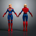 Superhero Character Front And Back Views With Blue Bodysuit Red Cape Gloves And Boots