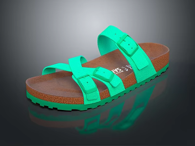 Green Double Strap Sandals With Brown Cork Sole And Comfortable Stylish Design 3d model