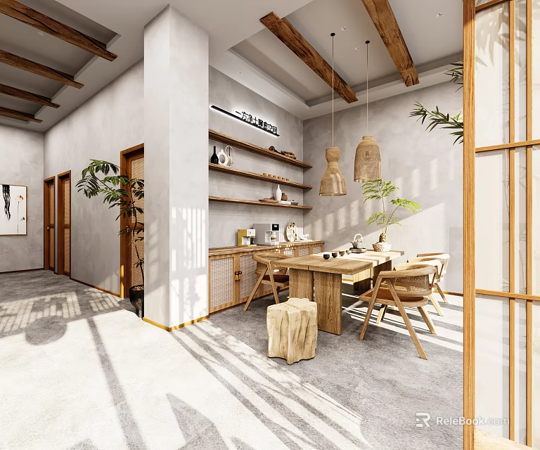 Traditional Teahouse Interior With Wooden Furniture Greenery And Natural Light 3d model 